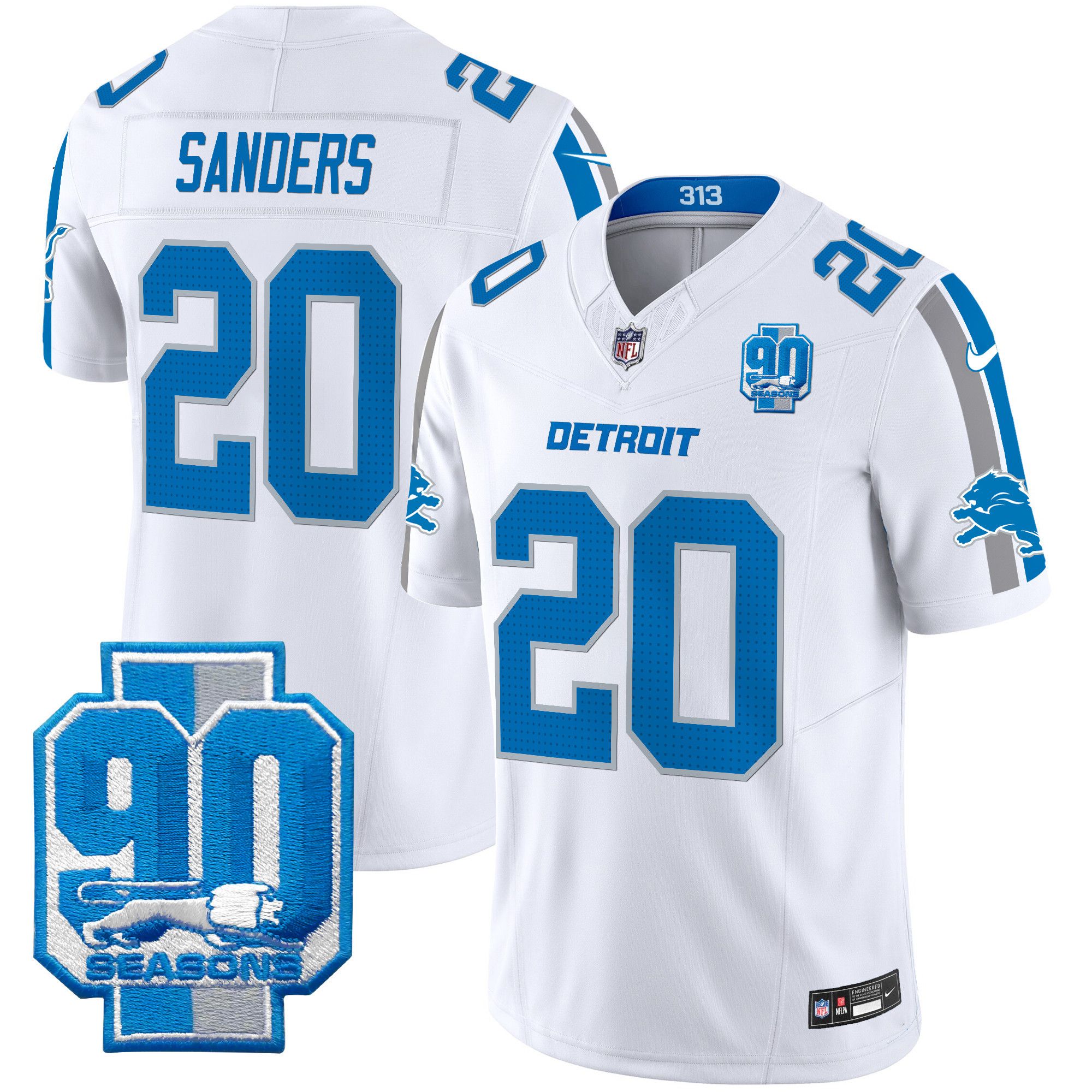 Men Detroit Lions #20 Sanders White 2024 Nike 90th Year Patch Vapor Limited NFL Jersey